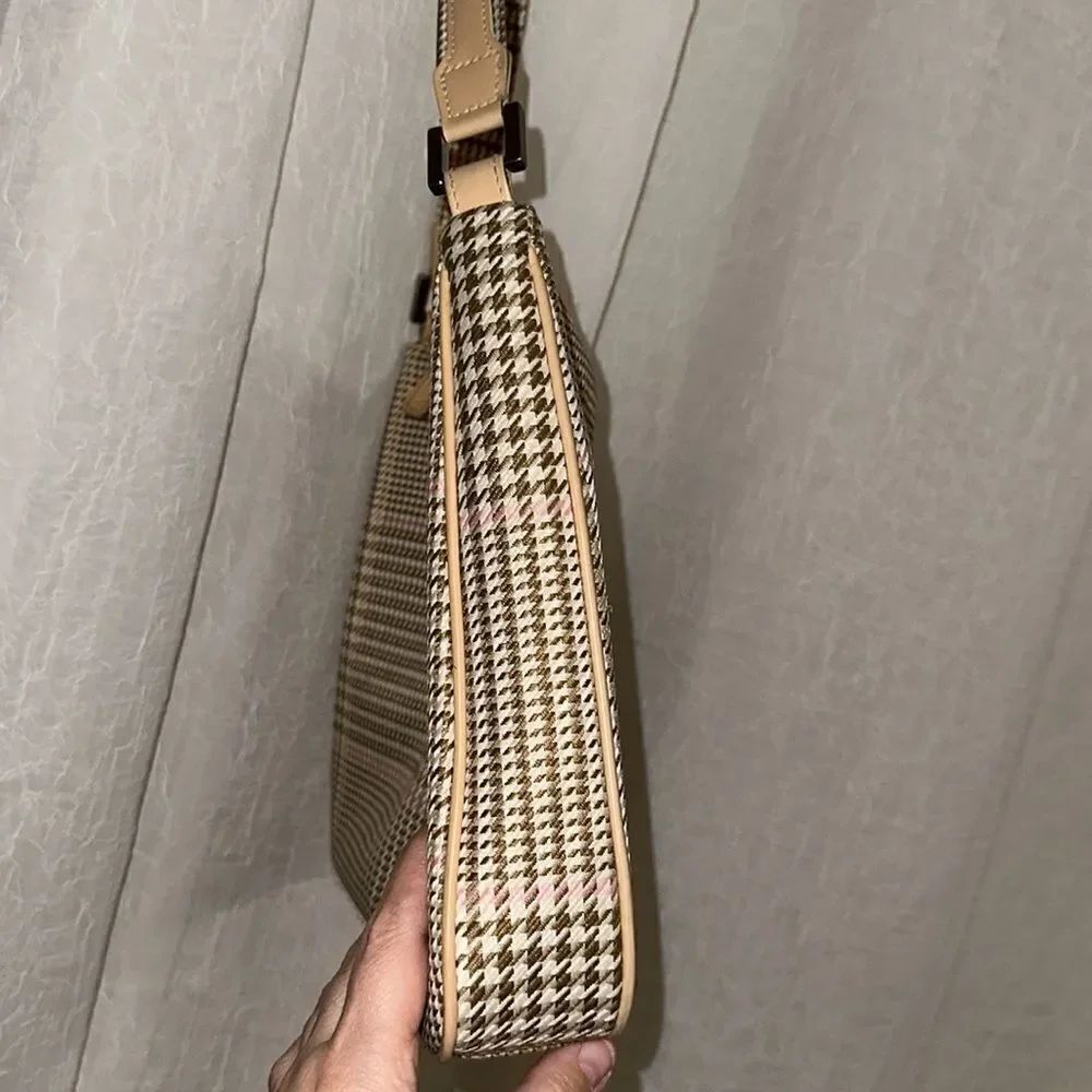 LRL Ivory Tan White Pink Gold Houndstooth Leather Silver Tone Hardware Hobo Bag - Picture 6 of 16